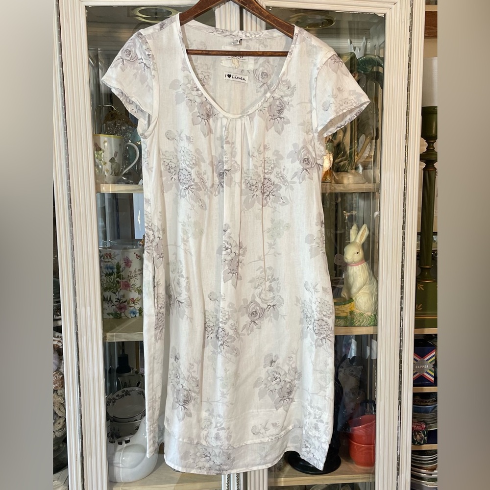 Malvin white linen floral print A line loose fit summer dress Womens M
